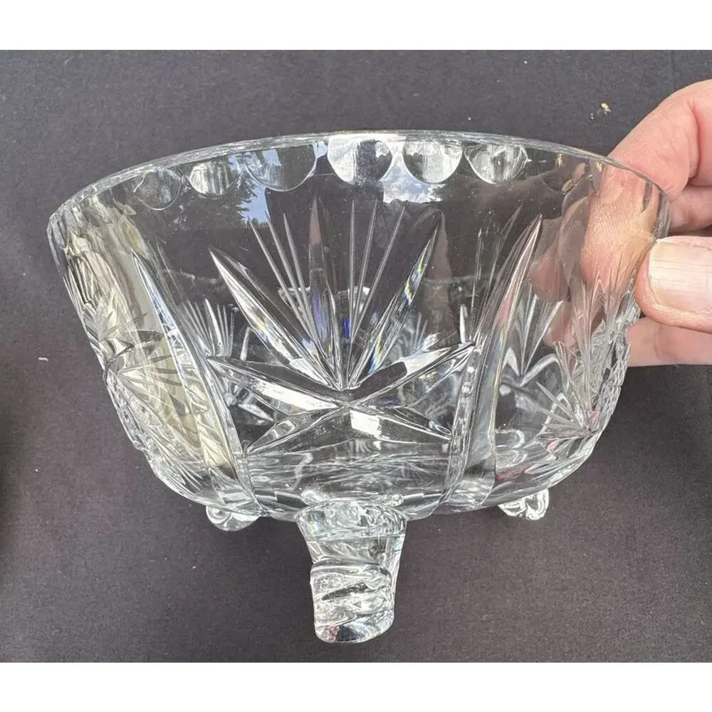 Vtg Crystal Glass Pinwheel Center Star Of David Pattern Footed Serving Bowl -C13